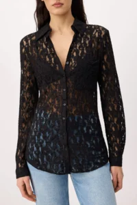 TRENDYOLMİLLA Black Plain Fitted Shirt Collar Long Sleeve Lace Knitting Shirt - Image 3