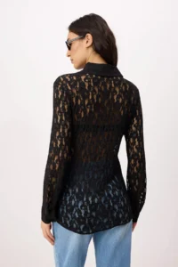 TRENDYOLMİLLA Black Plain Fitted Shirt Collar Long Sleeve Lace Knitting Shirt - Image 4