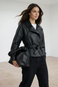 TRENDYOLMİLLA Black Regular Pattern Belted Faux Leather Coat - Image 2