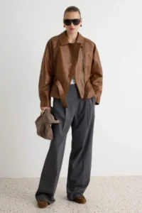 TRENDYOLMİLLA Brown Regular Pattern Belted Faux Leather Coat - Image 2