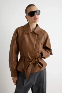 TRENDYOLMİLLA Brown Regular Pattern Belted Faux Leather Coat - Image 3