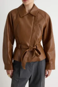 TRENDYOLMİLLA Brown Regular Pattern Belted Faux Leather Coat - Image 4