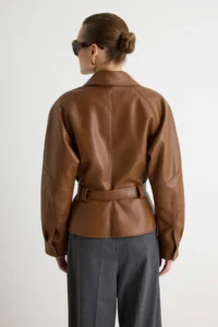 TRENDYOLMİLLA Brown Regular Pattern Belted Faux Leather Coat - Image 5