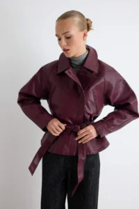 TRENDYOLMİLLA Burgundy Regular Pattern Belted Faux Leather Coat - Image 2