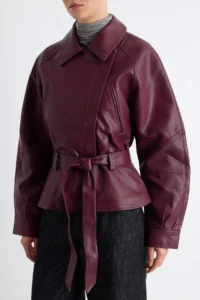 TRENDYOLMİLLA Burgundy Regular Pattern Belted Faux Leather Coat - Image 3