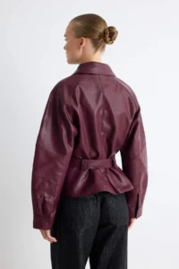 TRENDYOLMİLLA Burgundy Regular Pattern Belted Faux Leather Coat - Image 4