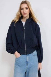TRENDYOLMİLLA NAVY BLUE Oversized Summer Fabricated peplum Detailed Hooded Summer Fabricated Thin Coat - Image 2