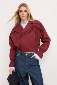 TRENDYOLMİLLA Burgundy Oversized Pattern Pocket Detail Bomber Jacket Jacket Coat