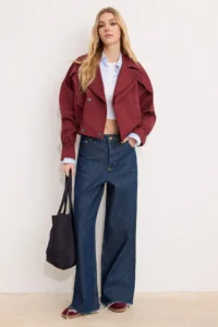 TRENDYOLMİLLA Burgundy Oversized Pattern Pocket Detail Bomber Jacket Jacket Coat - Image 2
