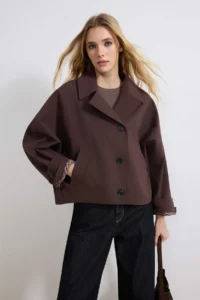 TRENDYOLMİLLA Brown Patterned Lined Soft Touch Oversized Short Coat