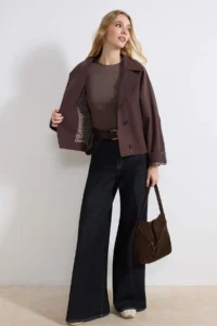 TRENDYOLMİLLA Brown Patterned Lined Soft Touch Oversized Short Coat - Image 2