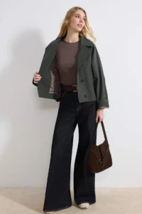 TRENDYOLMİLLA Khaki Patterned Lined Soft Touch Oversized Short Coat - Image 2