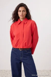 TRENDYOLMİLLA Red Shirt Collar Oversized Bomber Jacket Coat - Image 2