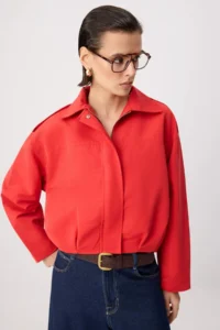 TRENDYOLMİLLA Red Shirt Collar Oversized Bomber Jacket Coat - Image 5