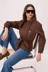 TRENDYOLMİLLA Brown Regular Pattern Belted Suede Coat