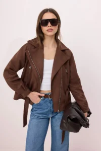 TRENDYOLMİLLA Brown Regular Pattern Belted Suede Coat - Image 2
