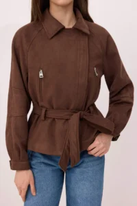 TRENDYOLMİLLA Brown Regular Pattern Belted Suede Coat - Image 3