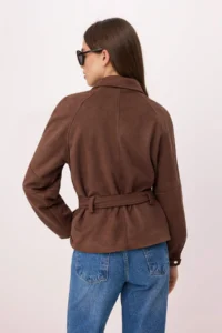 TRENDYOLMİLLA Brown Regular Pattern Belted Suede Coat - Image 4