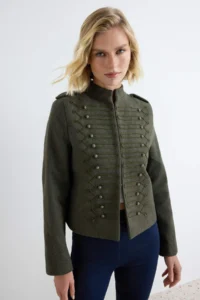 TRENDYOLMİLLA Khaki Fitted Pattern Napolyon Bowl Coat