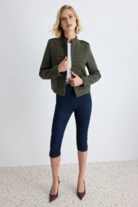 TRENDYOLMİLLA Khaki Fitted Pattern Napolyon Bowl Coat - Image 3