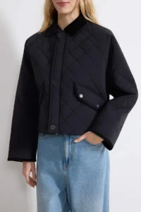 TRENDYOLMİLLA Black Quilted Velvet Collared Regular Coat - Image 3
