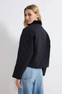 TRENDYOLMİLLA Black Quilted Velvet Collared Regular Coat - Image 4