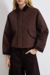 TRENDYOLMİLLA Brown Quilted Velvet Collar Regular Coat - Image 4