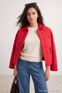 TRENDYOLMİLLA Red Quilted Velvet Collar Regular Coat - Image 2