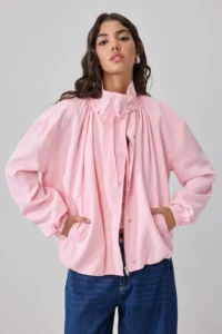 TRENDYOLMİLLA PINK Oversized Stand Collar linen look Bomber Jacket Coat