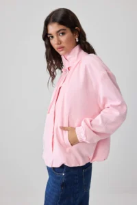 TRENDYOLMİLLA PINK Oversized Stand Collar linen look Bomber Jacket Coat - Image 2