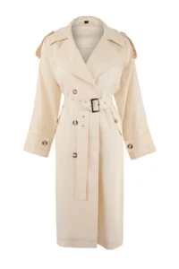 TRENDYOLMİLLA Limited Edition Ecru Knitwear Collar Detailed Soft textured Overize Double breasted LONG Trench Coat - Image 4