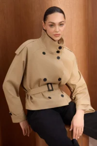 TRENDYOLMİLLA Beige Regular High Neck Arched Short Trench Coat