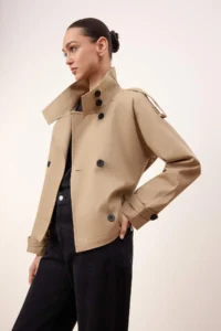 TRENDYOLMİLLA Beige Regular High Neck Arched Short Trench Coat - Image 2