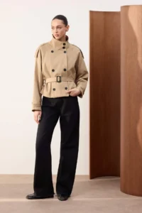 TRENDYOLMİLLA Beige Regular High Neck Arched Short Trench Coat - Image 3