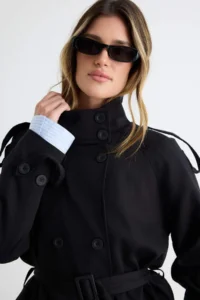 TRENDYOLMİLLA Wardrobe Essentials Black Regular Fit High Neck Arched Double breasted Gabardine Short Trench Coat - Image 2