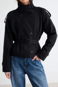TRENDYOLMİLLA Wardrobe Essentials Black Regular Fit High Neck Arched Double breasted Gabardine Short Trench Coat - Image 3