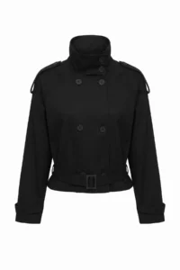 TRENDYOLMİLLA Wardrobe Essentials Black Regular Fit High Neck Arched Double breasted Gabardine Short Trench Coat - Image 5
