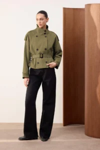 TRENDYOLMİLLA Wardrobe Essentials Khaki Regular Fit High Neck Arched Double breasted Gabardine Short Trench Coat - Image 3