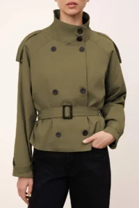 TRENDYOLMİLLA Wardrobe Essentials Khaki Regular Fit High Neck Arched Double breasted Gabardine Short Trench Coat - Image 4