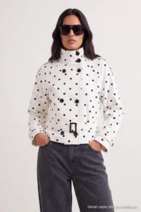 TRENDYOLMİLLA Multicolored Polka Dot Regular High Neck Arched Gabardine Short Trench Coat