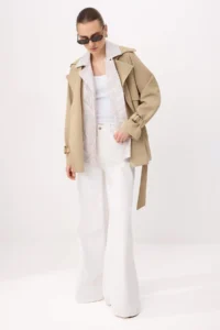 TRENDYOLMİLLA Beige Striped Astar Detailed Double breasted Kapama Midi Trench Coat - Image 2