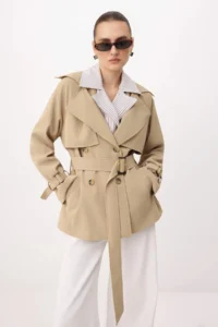 TRENDYOLMİLLA Beige Striped Astar Detailed Double breasted Kapama Midi Trench Coat - Image 3