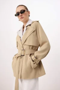 TRENDYOLMİLLA Beige Striped Astar Detailed Double breasted Kapama Midi Trench Coat - Image 4