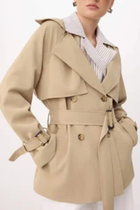 TRENDYOLMİLLA Beige Striped Astar Detailed Double breasted Kapama Midi Trench Coat - Image 5
