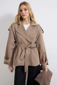 TRENDYOLMİLLA Mink Soft Touch Arched Oversized Double Breasted Covering Midi Trench Coat