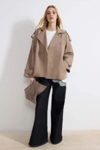TRENDYOLMİLLA Mink Soft Touch Arched Oversized Double Breasted Covering Midi Trench Coat - Image 2