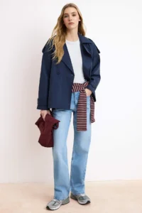 TRENDYOLMİLLA NAVY BLUE Soft Touch Arched Oversized Double breasted Closure Midi Trench Coat - Image 2