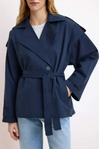 TRENDYOLMİLLA NAVY BLUE Soft Touch Arched Oversized Double breasted Closure Midi Trench Coat - Image 3