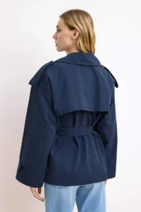 TRENDYOLMİLLA NAVY BLUE Soft Touch Arched Oversized Double breasted Closure Midi Trench Coat - Image 4