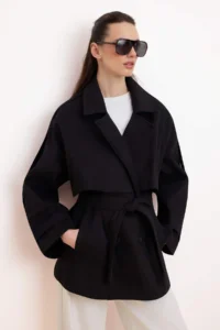 TRENDYOLMİLLA Black Oversized Arched Double breasted Kapama Midi Trench Coat